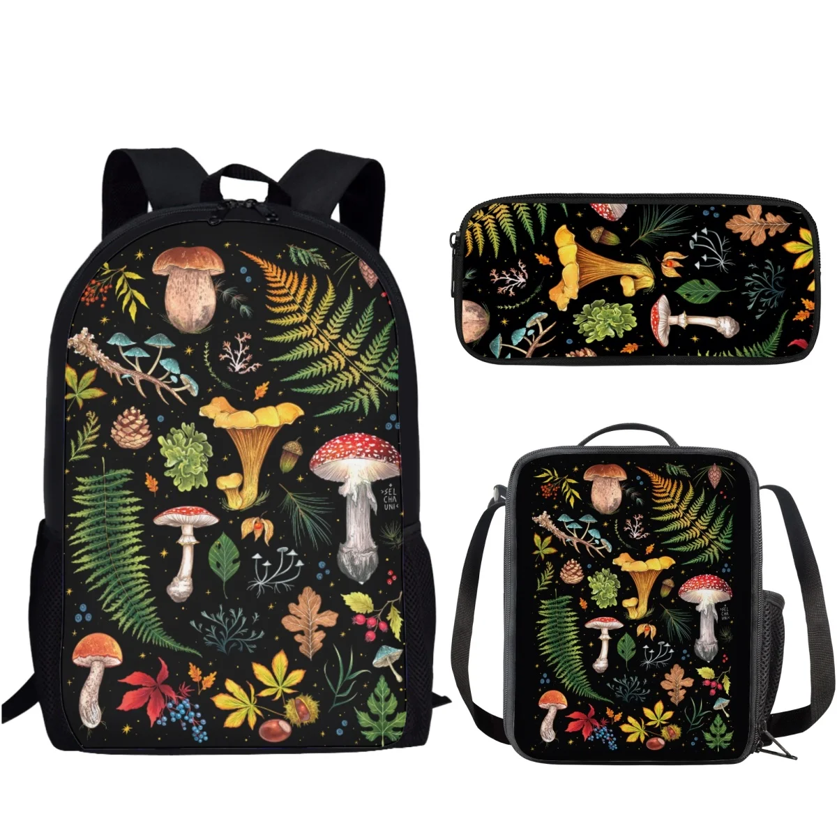 Mushroom 3D Print Fashion Schoolbag with Pencil Case 3 Pieces Set for Teens Kids Boys Casual Backpack Women Lunch Box Mochilas