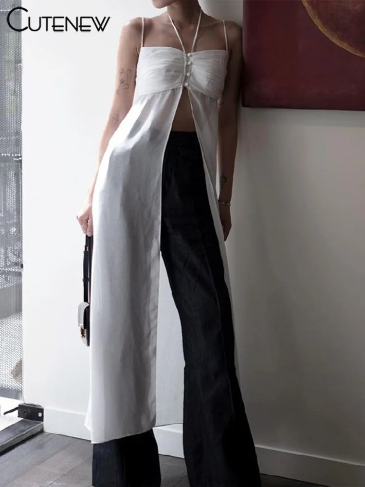 

Cutenew Women's Solid Lace-up Folds Long Vest Tops Sleeveless Camisole Single-breast Button Top Female Fashion Cloth Streetwear
