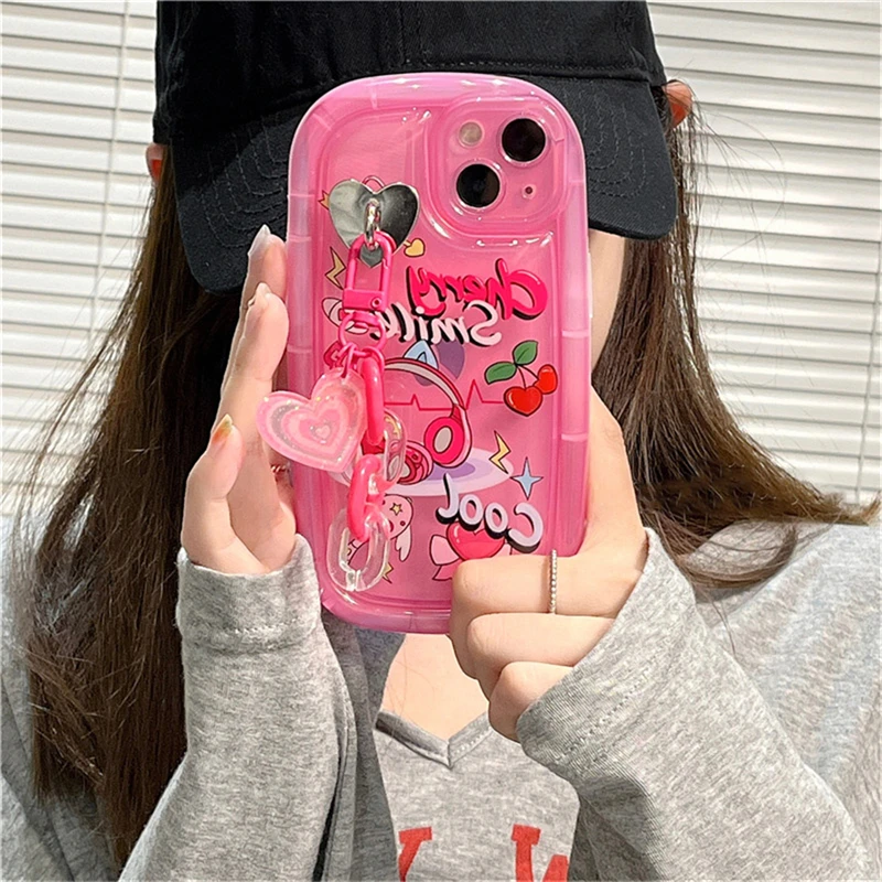 

Korean illustration Y2k Love Heart Pendant The Soap Case For iPhone 14 13 12 11 Pro XS Max X XR Kawaii Shockproof Soft Cover