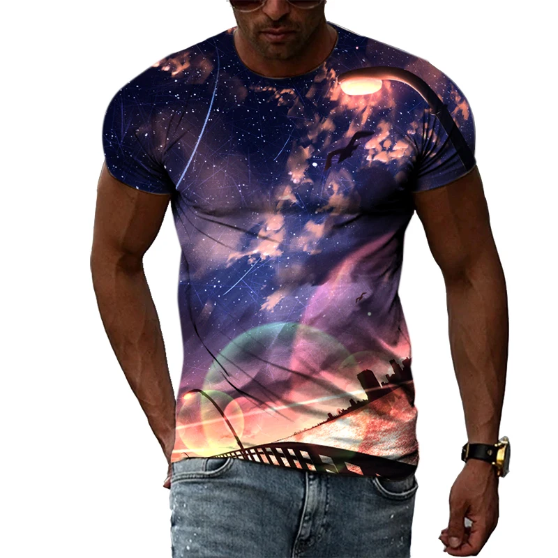 

Starry sky creative printing large size T-shirt summer O-neck 3D fashion comfortable leisure personality natural scenery top