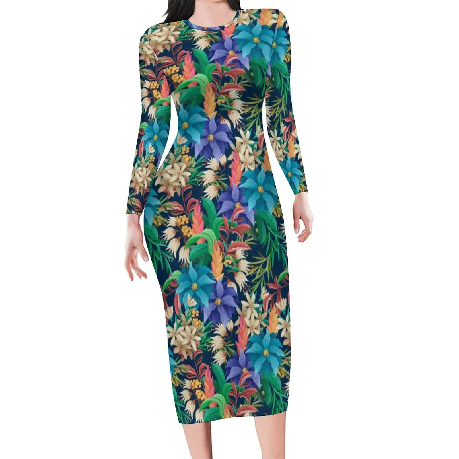 

Tropical Floral Bodycon Dress Womens Hawaiian Designs Kawaii Dresses Holiday Long Sleeve Street Style Graphic Dress Large Size