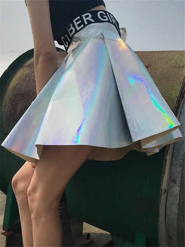 Jo's Magia Box Y2k Holographic Pleated Sexy Women Mini Skirts PU Rainbow Laser Harajuku Party Club High-waisted Women's Skirts