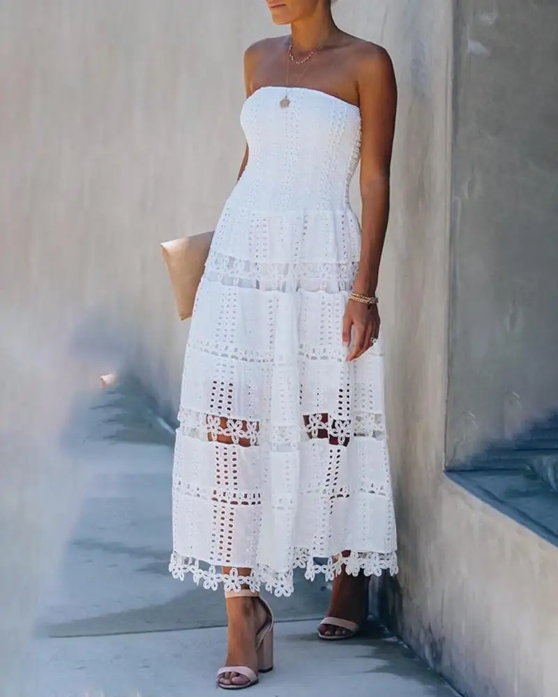 

2021 Women Elegant Summer Bandeau Hollow Out Flower Detail Maxi Dress Sleeveless Solid White Long Casual Party Dress Sexy