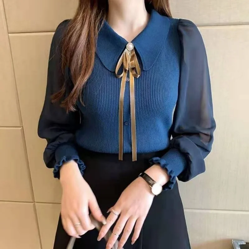 

Spring Autumn New Slim Bottoming Shirt Sweater Women's 2022 Doll Collar Chiffon Lantern Sleeve Splicing Knitwear Women with Bow