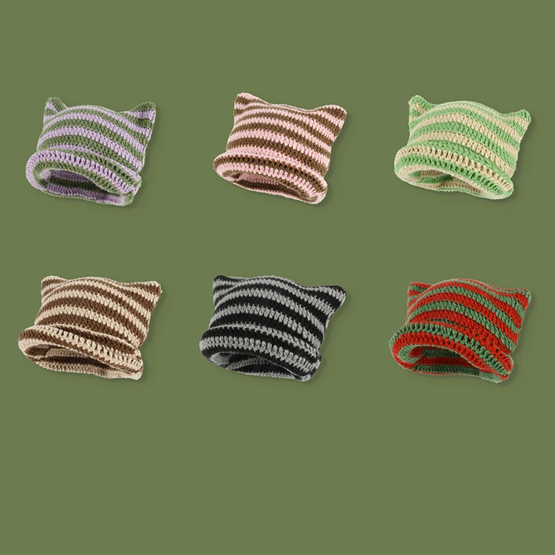 

New Japanese Beanie Hat Ins Little Devil Striped Knitted Wool Cap Autumn Winter Cute Cat Ears Pointed Pullover Women's Cap