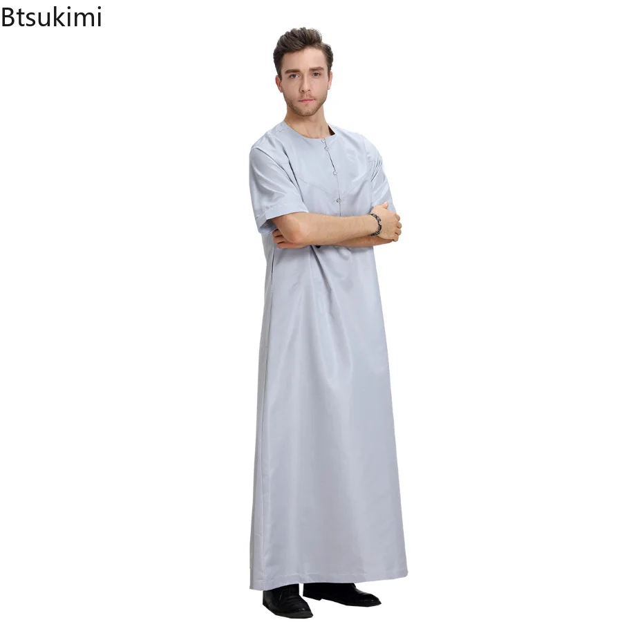 New Muslim Short Sleeve Jubba Thobe for Men Islamic Clothes Muslim Fashion Saudi  Arabic Abaya Long Robes Traditional Kaftan Men