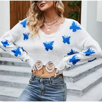 womens autumn long sleeve butterfly fringed pullover 2021 sweater sexy v neck tassel knitted sweet short ladies sweaters female