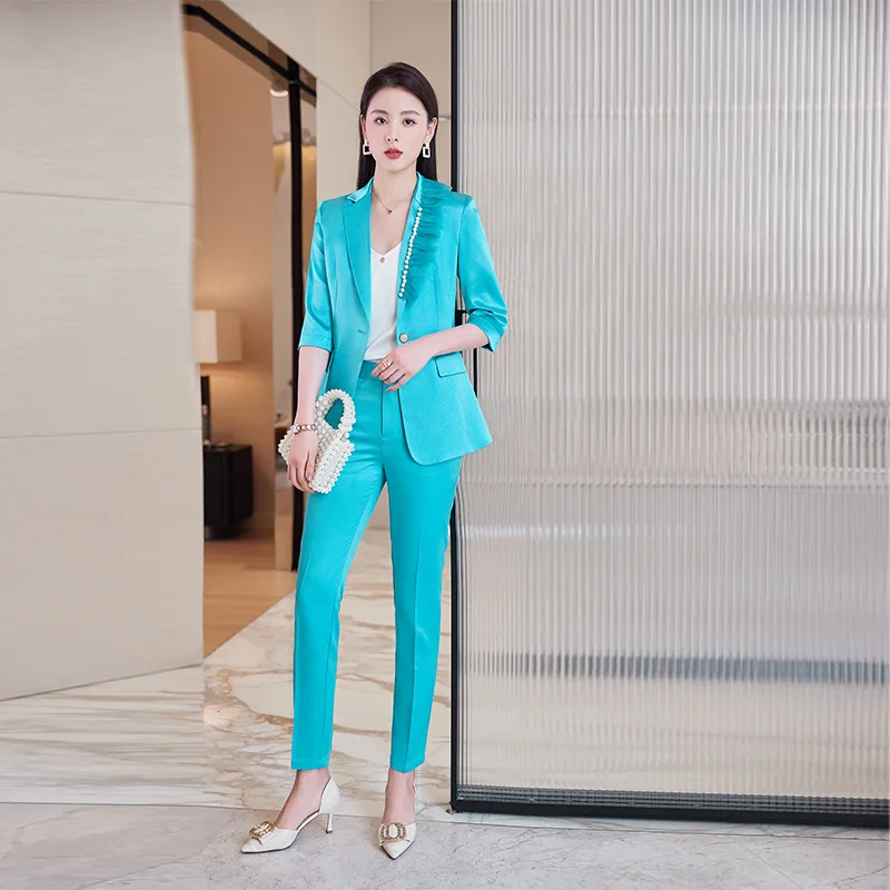 IZICFLY New Style Blue Summer Half Beading Office Blazer And Pants Set For Women 2022 Work Wear Business OL 2 Piece Suit Outfits