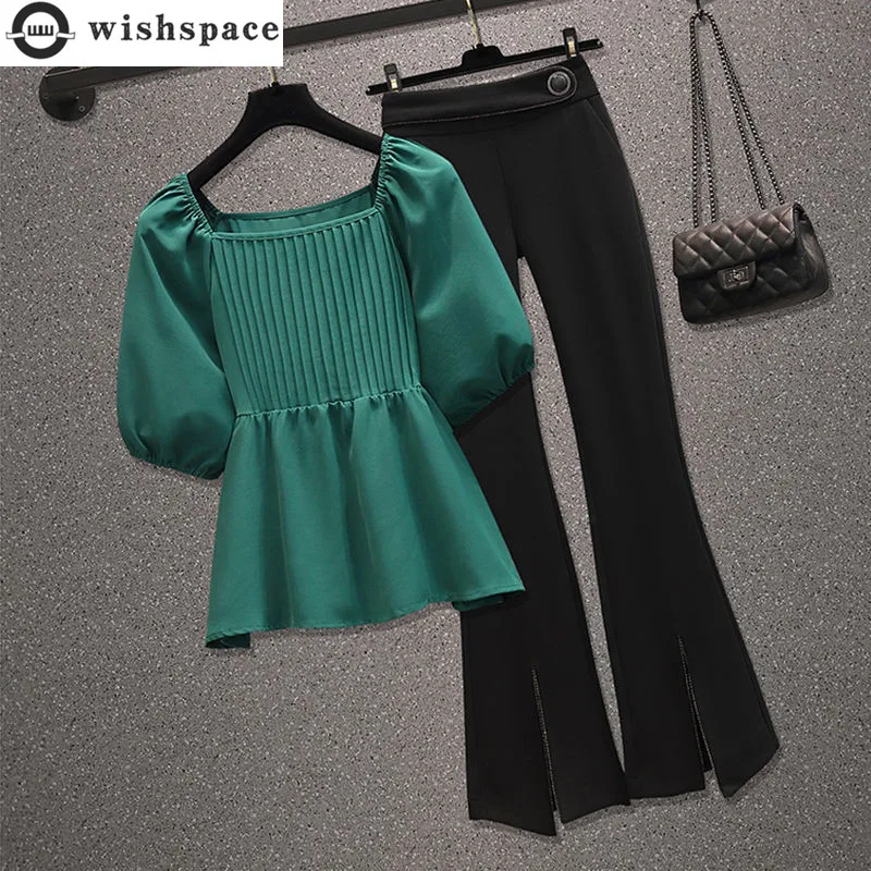 

2022 Summer New Elegant Women's Pants Set Vertical Pleated Chiffon Top Wide Leg Pants Two Piece Set Women's Casual Clothes