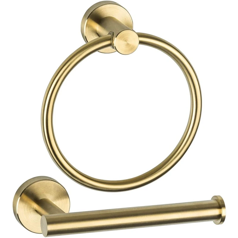 

Hot YO-Bathroom Hardware Accessories Set Brushed Gold 2 Piece Stainless Steel Wall Mounted Hand Towel Ring Toilet Paper Holder