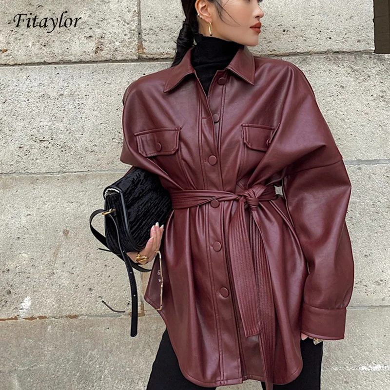 

Leather Jacket Women Burgundy Biker Jackets Turn Down Collar Sashes Tie Belt Waist Pockets Buttons Ladies PU Jacket