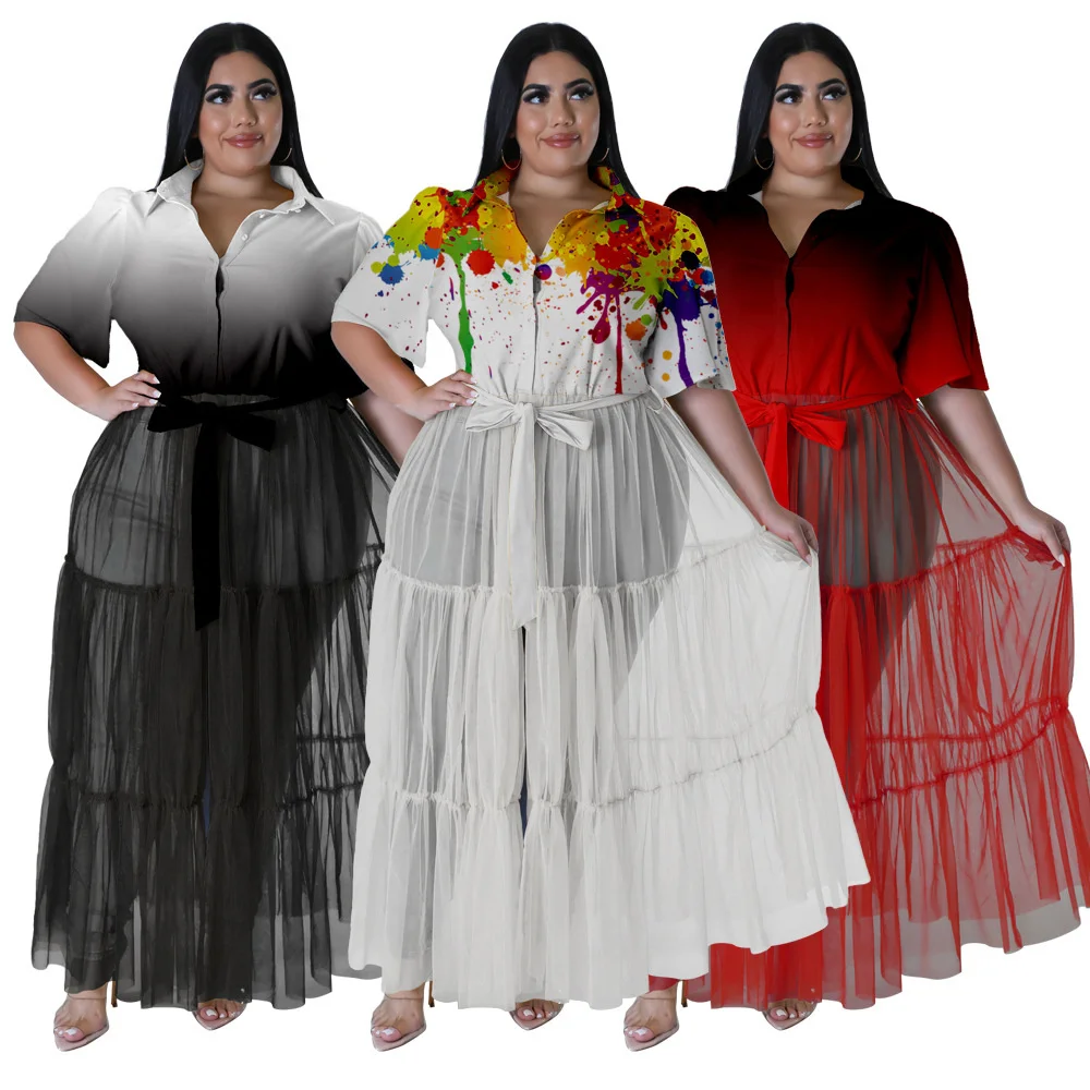 Plus Size Fashion Printed Mesh Patchwork Women Clothing Elegant Lapel Shirt Maxi Long Dresses Whole 3xl 4xl 5xl 6xl