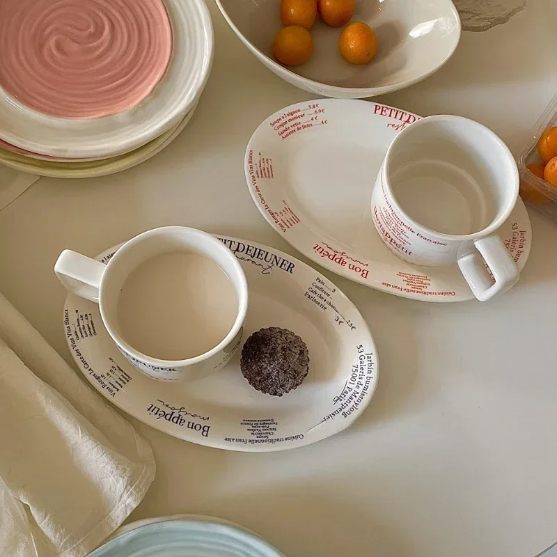 Ins Gaomei plato de cenaısı con letras taza y retro cerámica resistente al calor ovalado aandico pasta nuevo