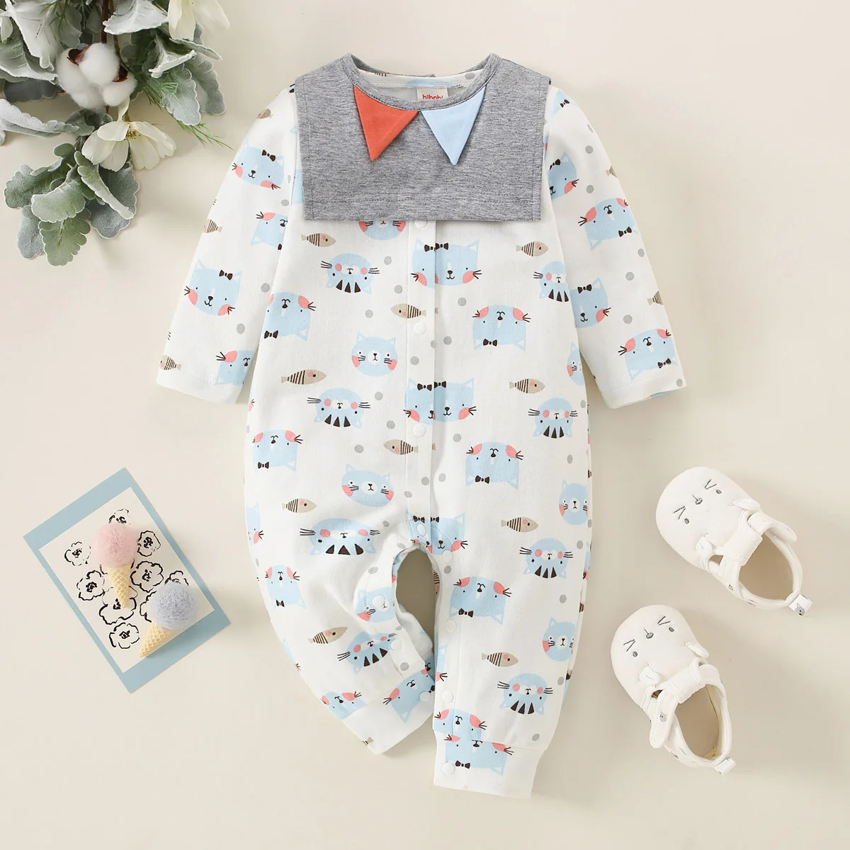

hibobi Baby Cute Cat Fish Print Casual Jumpsuit Preppy Baby Fall Romper Suitable For Children 0-18 Months