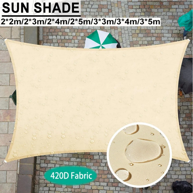 420D Sun Shade Sail Rectangle Square Waterproof Polyester Canopy 95% UV Blockage Grade Outdoor Patio Beige Grey 2x3/3x3/3x5M