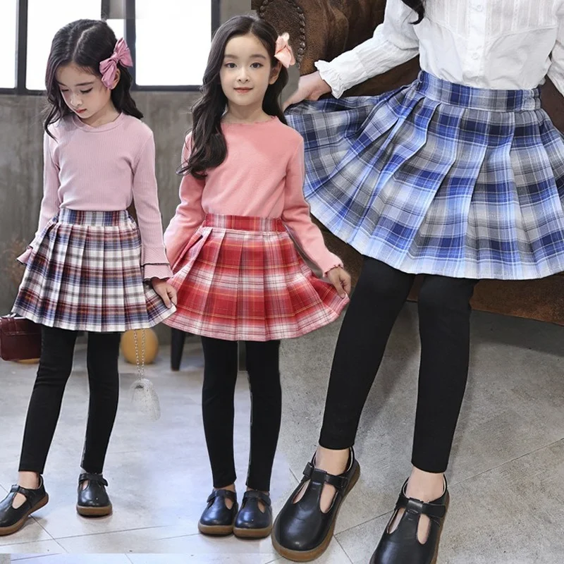 

2022 Spring Tights for Girls Plaid Pleated Skirt Fake Two Piece Culottes Casual All-match School Teens Chilren's Legging Pants