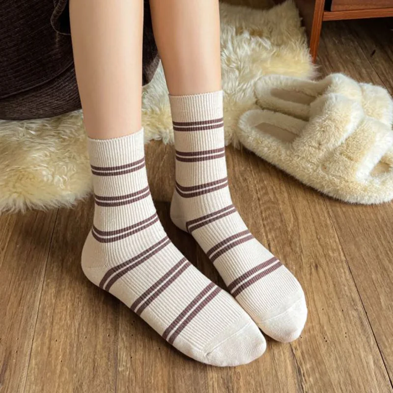 5 Pairs Winter Thicken Wool Socks Women Fashion Stripes Middle Tube  Keep Warm Socks Set Japanese Style Slouch Soft Comfortable