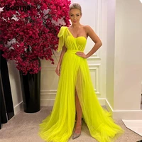 booma simple yellow tulle a line prom dresses one shoulder sweetheart high slit party dresses tied bow open back evening gowns