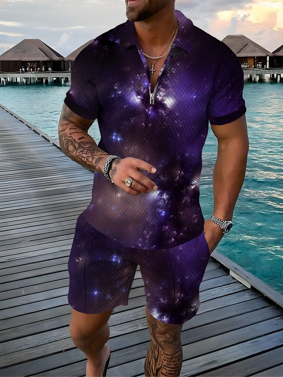 

Men's Summer Breathable Short Sleeves + Shorts Polo Shirt Suit Casual Men's Starry Sky 3D Printing Fashion Cool 2 Piece Set
