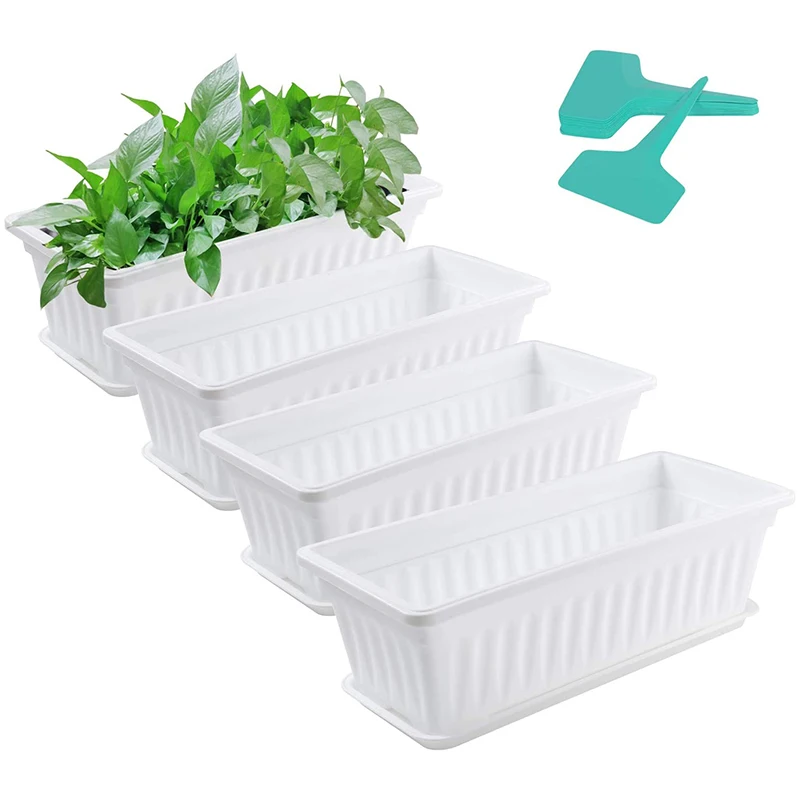 

4 Pack Planting Pots With Trays With 20 Plant Labels, Plastic Rectangular Window Frame, Vegetable Planting Container Set