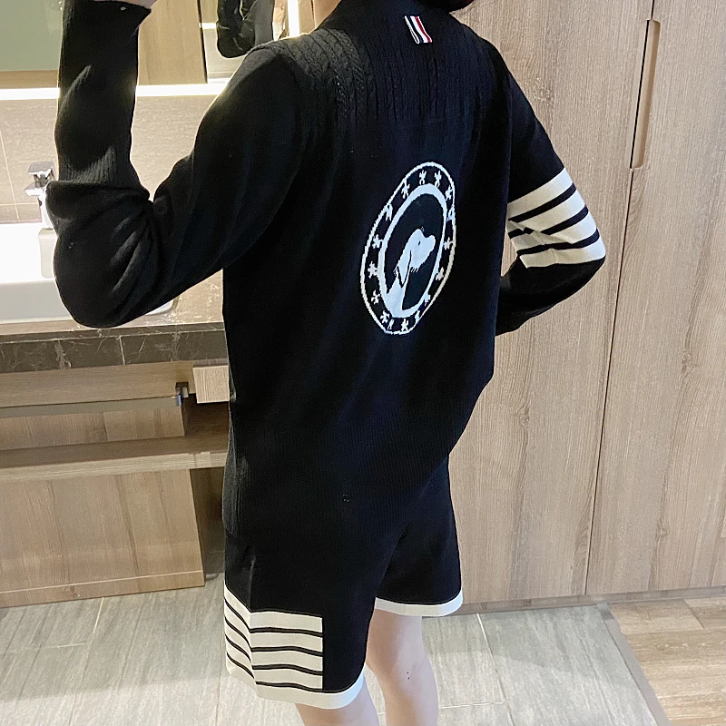 

tb back cartoon puppy knitted cardigan women's new college style four-bar V-neck loose all-match sweater coat