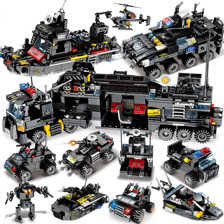 

HUIQIBAO 695PCS 8in1 SWAT Police Command Truck Building Blocks City Helicopter Model Bricks Kit Educational Toys for Children