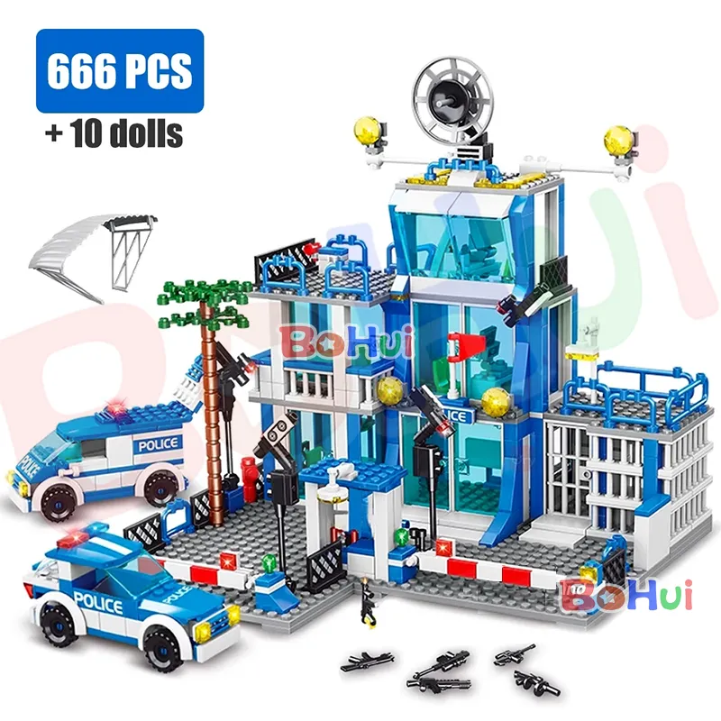 Estación de Policía SWAT, modelo de ciudad militar, conjunto de coche de prisión, figuras de barco de policía, bloques de construcción, juguete DIY para niños, regalo para niños