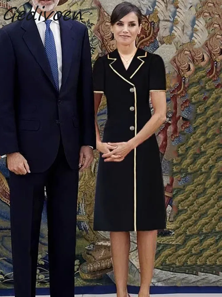 

Gedivoen летнее модное дизайнерское винтажное темпераментное платье, женское однобортное черное платье миди с отложным воротником и вышивкой