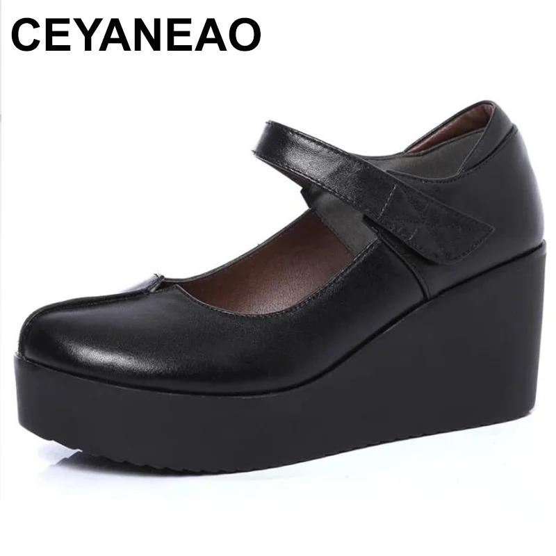 

2023 Spring Leather Women Pumps Platform Wedges Round Toes Ankle Strap Black High Heels Women Shoes red bottom high heels