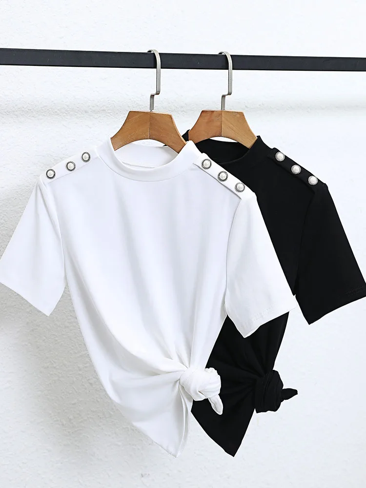2023 female half high collar T-shirt short-sleeved cotton thin render unlined upper garment