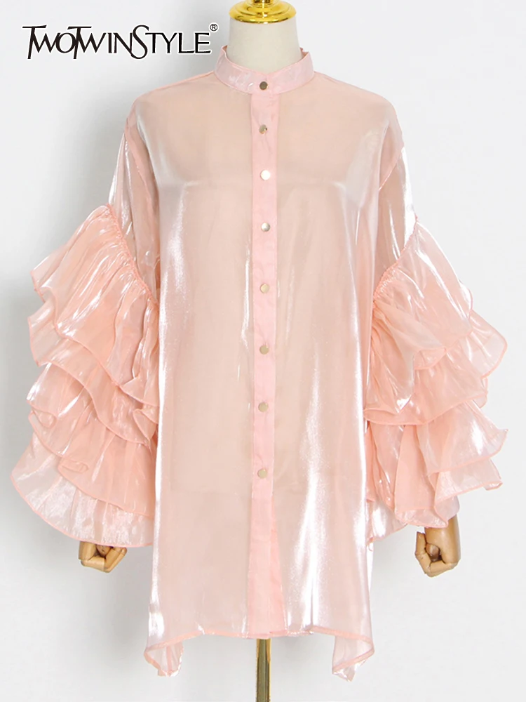 

Женская плиссированная рубашка twotwin2, однотонная блузка с длинным рукавом и воротником-стойкой, весенняя одежда, модный стиль, новинка 2022