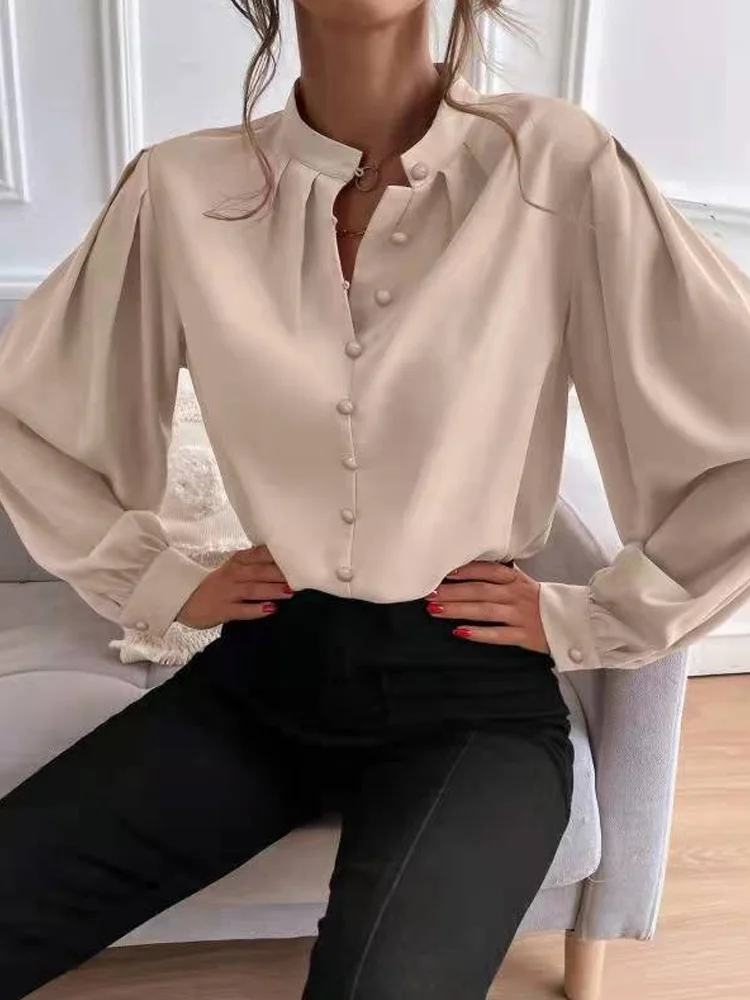 

Elegant Single-breasted Buttoned Shirt Blouse Fashion Solid Stand Collar Women Top Blusa 2022 Office Ladies Lantern Sleeve Shirt