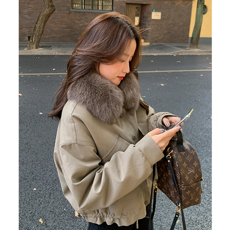 Women Light Green Down Jackets Hooded Fur Collar Fashion Single-breasted Coat Thicken Warm Cotton Padded Jacket Outwear Winter