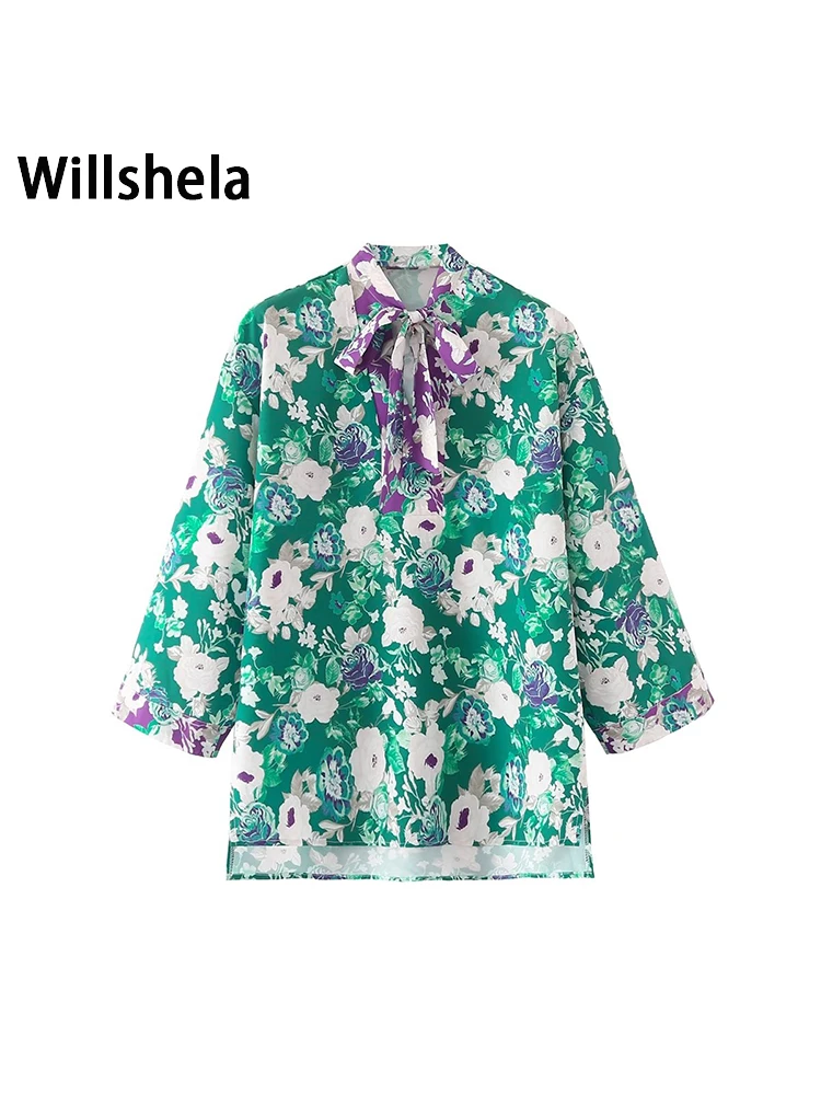 

Willshela женская модная блузка с бантом и разрезом сбоку, винтажная блузка с v-образным вырезом и рукавами три четверти, Женская шикарная рубашк...