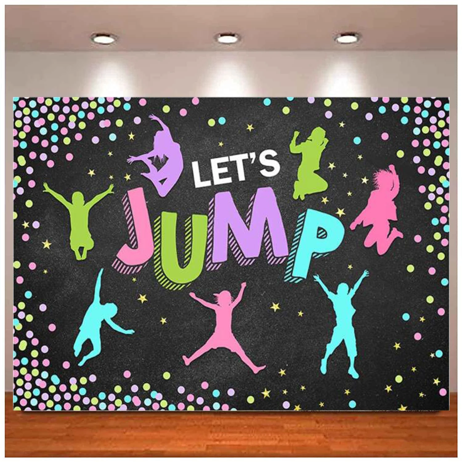 

Let's Jump Party Backdrop Colorful Boys Girls Bounce House Trampoline Glitter Stars Background Play And Dance Birthday Party