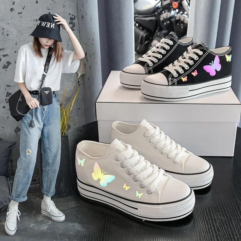 

Reflective Butterfly Canvas Shoes New Women Hidden Heel Platform Canvas Height Increased Shoes Outdoor White Girls Flat Sneakers