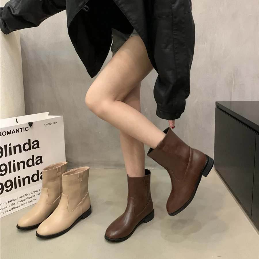 

Женские ботинки с круглым носком, черные однотонные ботильоны из искусственной кожи на среднем каблуке, без застежки, на резиновой подошве, на шнуровке, в римском стиле, для осени и зимы, 2023