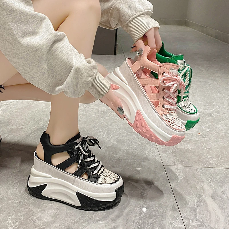 7CM Heels Women Gothic Thick Bottom Wedge Sandals Black Hollow Out Gladiator Sneakers Woman Punk Leather Chunky Platform Sandals