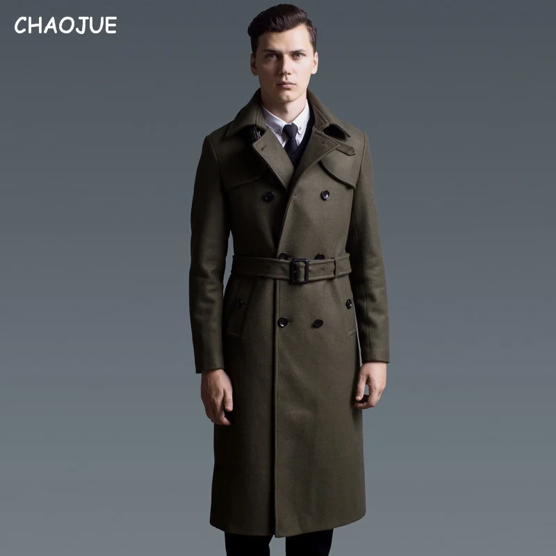

Длинное шерстяное пальто CHAOJUE, мужское британское двубортное приталенное пальто, классическое армейское зеленое теплое полупальто