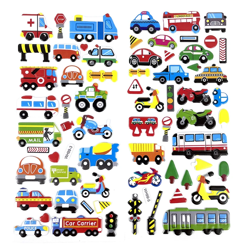 

5 Sheets/set Kids 3D Cartoon Transportation Cars Train Plane Stickers For Boys DIY Bubble PVC Scrapbook Sticker Learning Toys