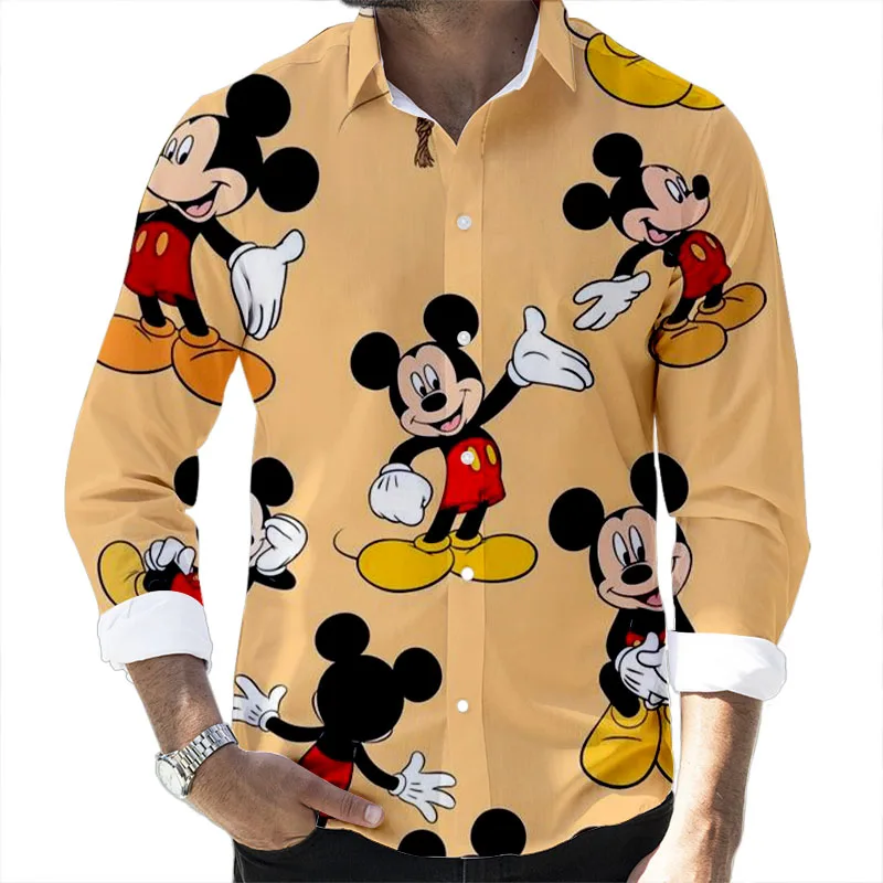 2024 Fall New Disney Donald Duck Mickey and Goofy Brand Cartoon Casual 3D Printed Long Sleeve Lapel Shirt Slim Fit Men's Top