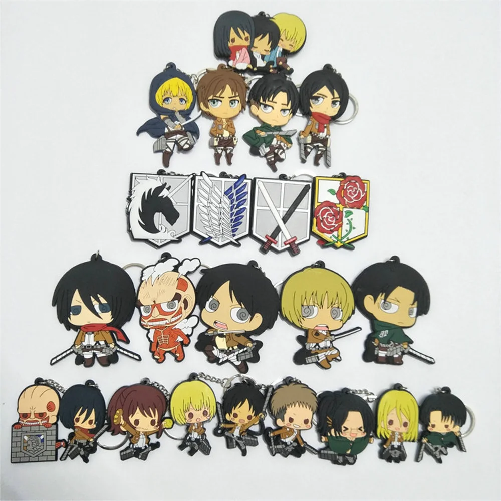 

23pcs Anime Attack on Titan Bag Doll Cartoon Figure Keychain silica gel Key Rings Trinket Props Key Buckles pendant jewelry gift