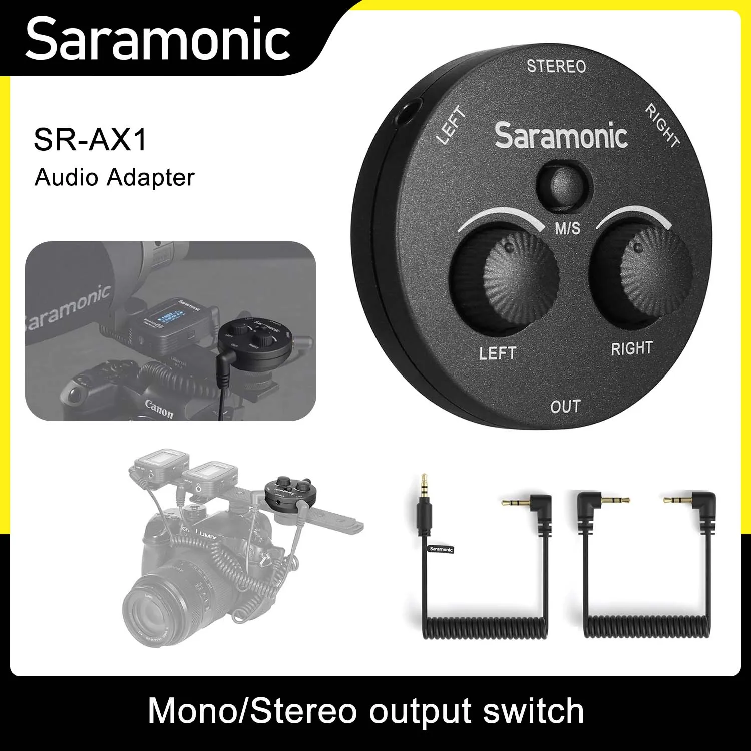 

Saramonic AX1 Audio Adapter Mono Stereo 2 Channel Microphone Audio Mixer for DSLR Mirrorless Video Cameras Smartphone Laptop