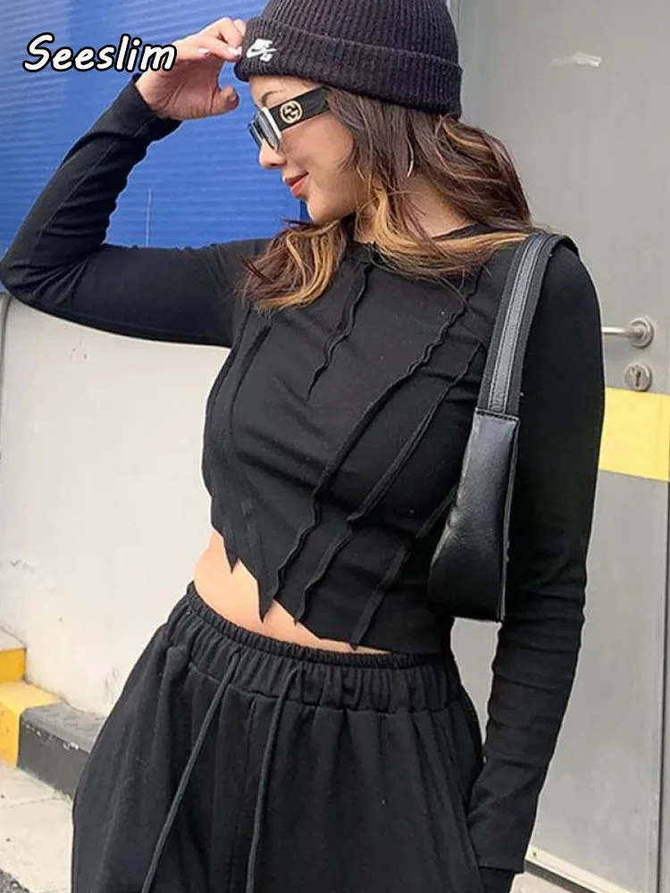 

Seeslim Black White T Shirt Women Clothes Irregular Crop Tops Long Sleeve Tight Sexy Slim Tee Shirts Chic Streetwear Y2k Top