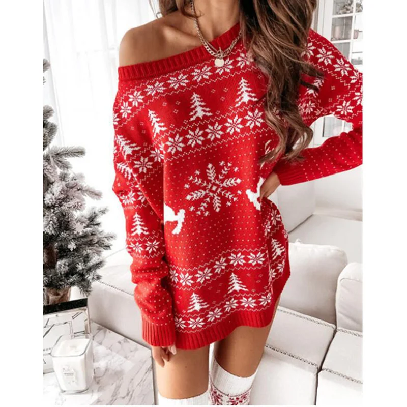 

2023 y2k Women Christmas Dress Snowflake Fawn Print Sweater Jacquard Knitted Loose Fit Long Sleeve O-neck Dress Autumn Winter Dr