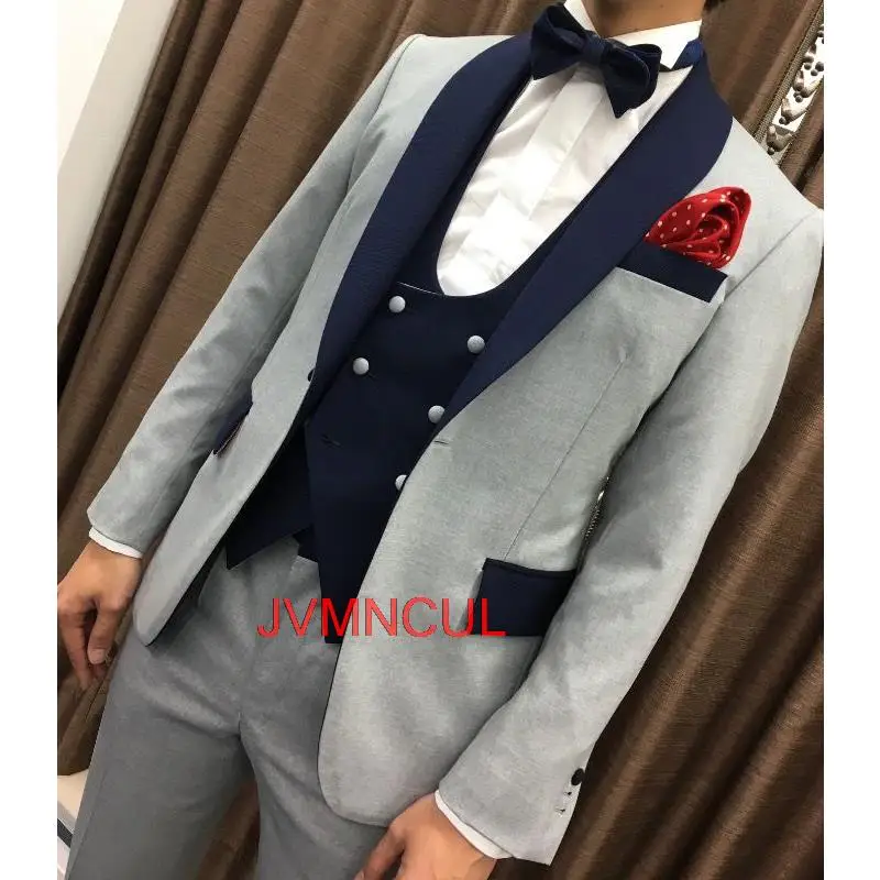

3 Piece Wedding Tuxedo for Prom Slim Fit Men Suits with Double Breasted Waistcoat Gray Male Groom Fashion Costume Jacket Pants