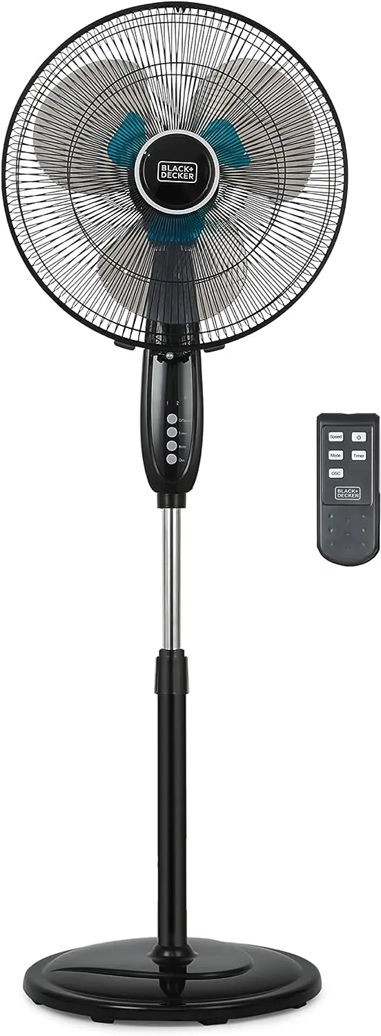 

16" Oscillating Dual-Blade Stand Fan with Remote, Adjustable Height, Black