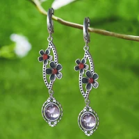 trendy inlaid purple zircon earrings vintage silver color metal carving red crystal black petals flower drop earrings jewelry