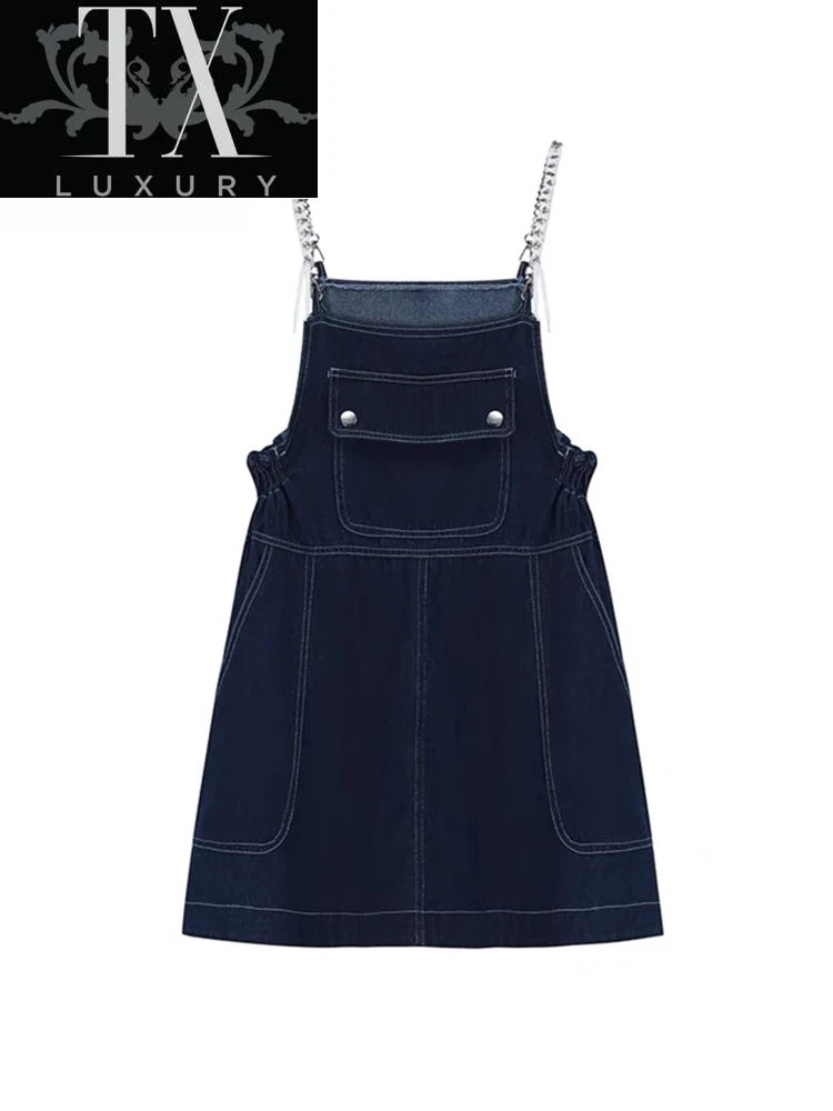 

Women Skinny Ladies Fashion Pockets Dress Female Spaghetti Strap Vintage Streetwear Mini A-line Denim Clothes