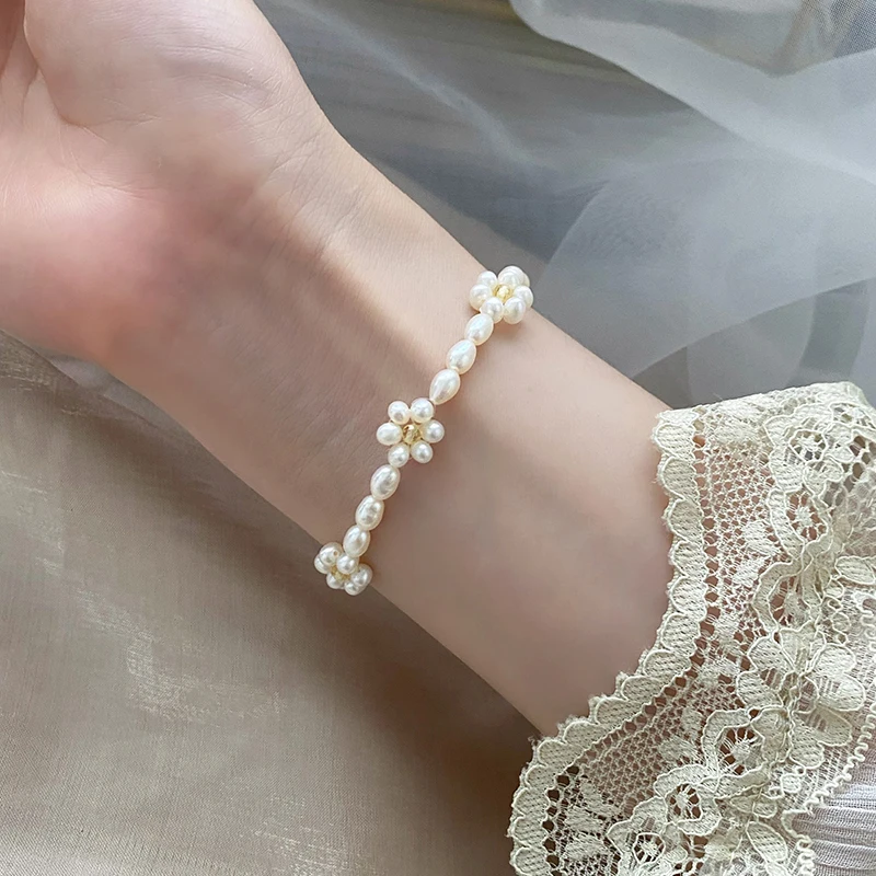 

ASHIQI Natural Freshwater Pearl Small Flower Bracelet 925 Sterling Silver Women's Jewelry